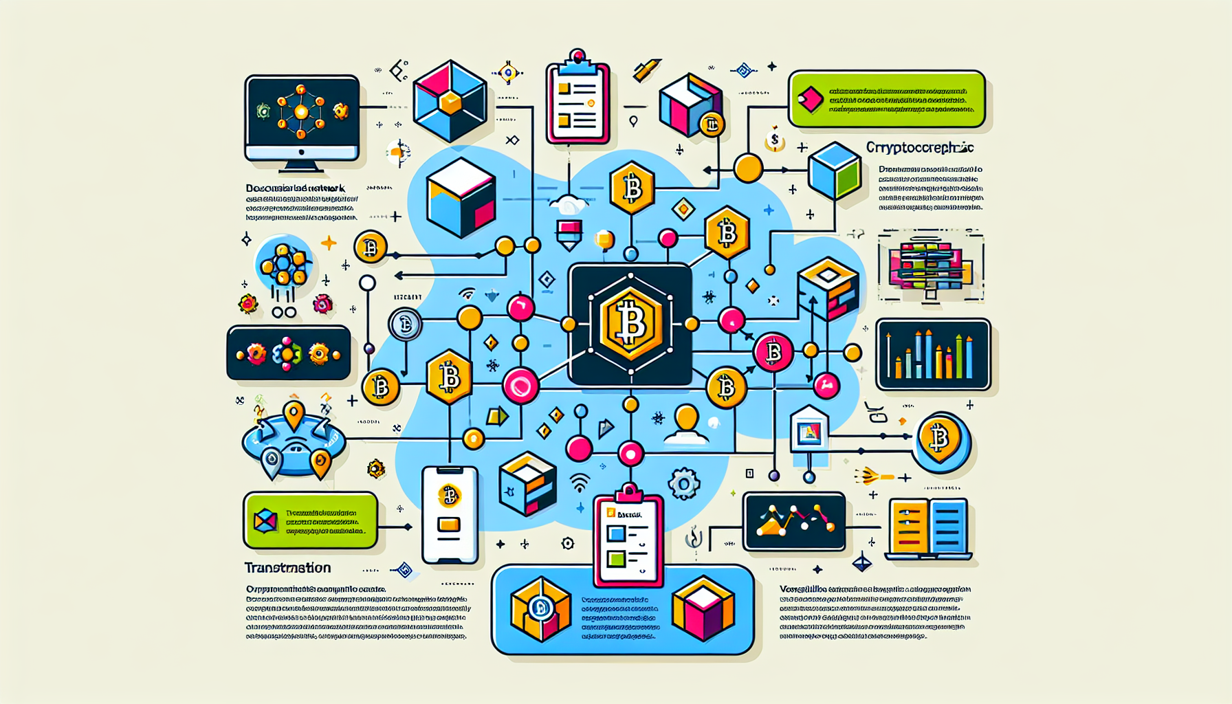 Create an infographic-style illustration that explains the basic concept of blockchain technology. Include elements like a decentralized network, interconnected blocks, cryptographic keys, and a visible transaction ledger. Make it visually appealing and easy to understand for beginners.