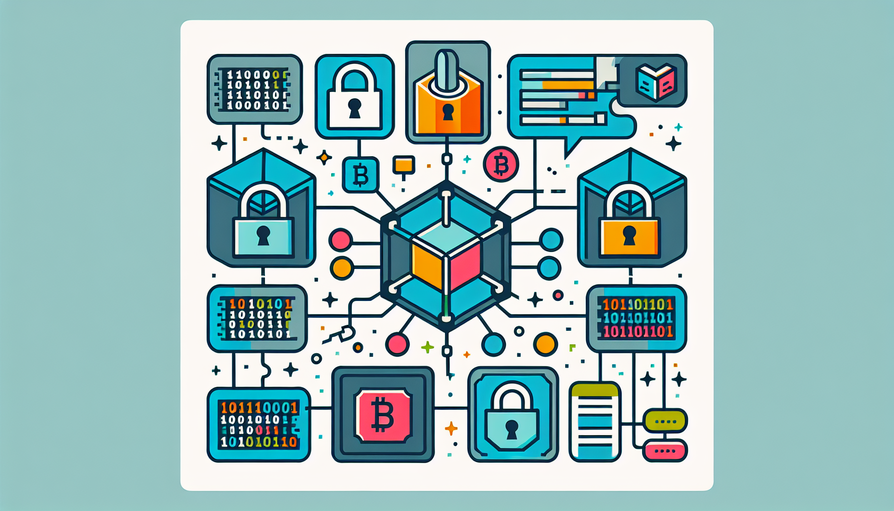 Create an image illustrating the concept of blockchain technology for beginners. Show a simplified, colorful diagram of interconnected blocks (representing the 'blocks' in blockchain) linked together in a chain. Include elements like binary code, padlocks for security, and digital transactions symbolizing transparent and secure data exchanges. Make the design approachable and educational.