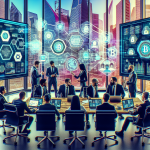 *Create an image of a professional business meeting in a modern office setting where a team of developers and business executives are analyzing various blockchain solutions on a large screen. The table is cluttered with charts, documents, and laptops, all depicting various aspects of blockchain technology. In the background, through large glass windows, a cityscape is visible with futuristic buildings. The overall mood should be collaborative and cutting-edge, emphasizing the importance of choosing the right blockchain development company.*