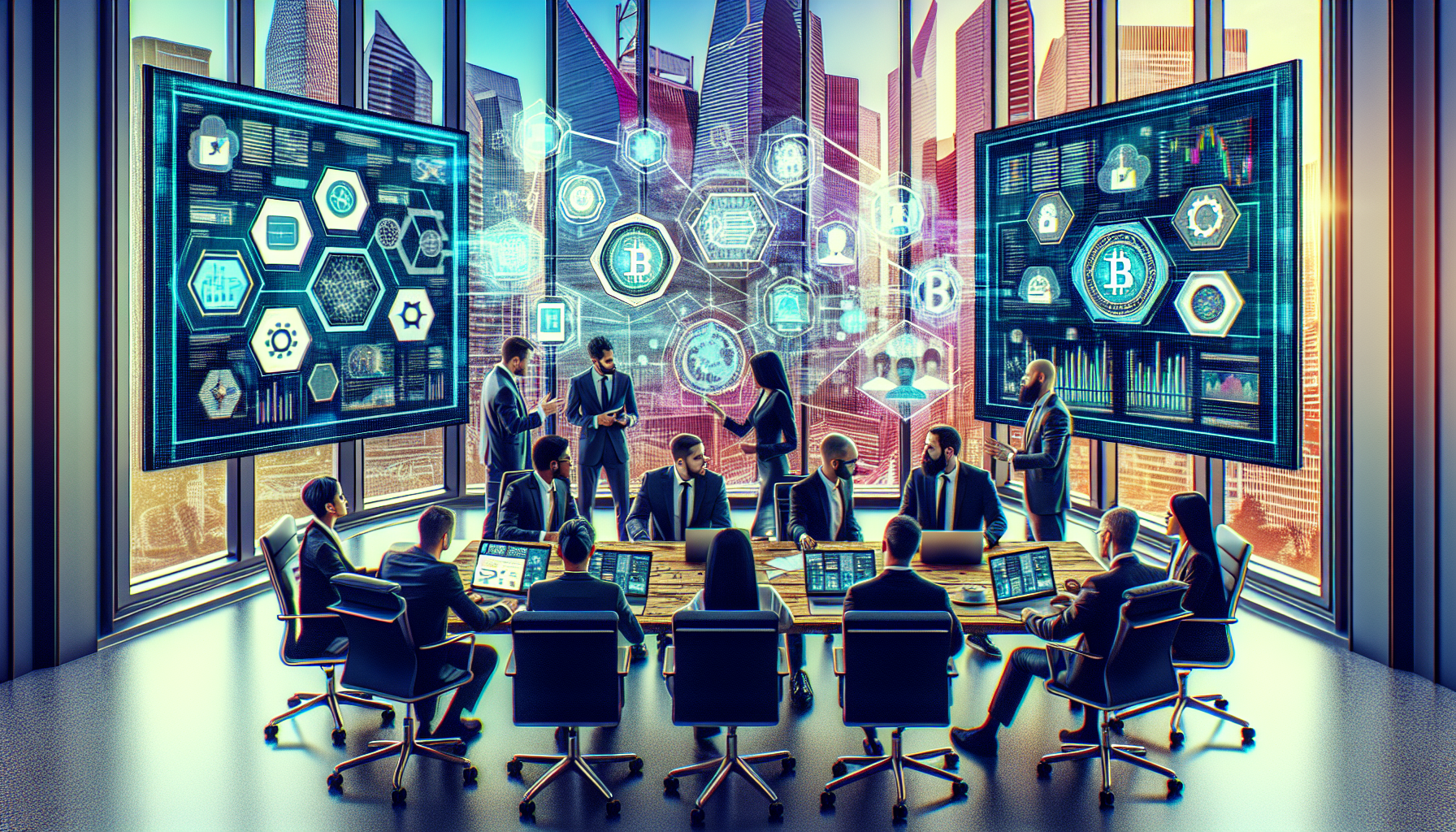 *Create an image of a professional business meeting in a modern office setting where a team of developers and business executives are analyzing various blockchain solutions on a large screen. The table is cluttered with charts, documents, and laptops, all depicting various aspects of blockchain technology. In the background, through large glass windows, a cityscape is visible with futuristic buildings. The overall mood should be collaborative and cutting-edge, emphasizing the importance of choosing the right blockchain development company.*