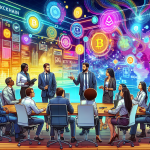 Create a detailed illustration of business professionals in a modern office setting, collaborating with blockchain developers around a conference table. The scene should feature digital elements like holographic screens displaying blockchain technology, cryptographic symbols, and project timelines. The atmosphere should be one of innovation, trust, and advanced technology. Include diverse individuals to represent a global business environment.