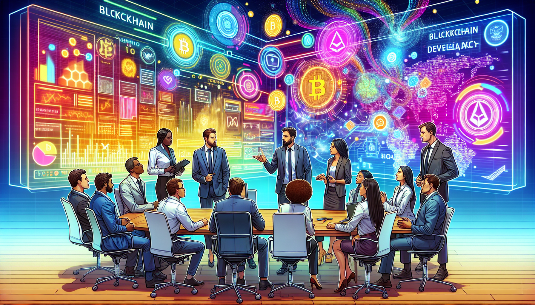 Create a detailed illustration of business professionals in a modern office setting, collaborating with blockchain developers around a conference table. The scene should feature digital elements like holographic screens displaying blockchain technology, cryptographic symbols, and project timelines. The atmosphere should be one of innovation, trust, and advanced technology. Include diverse individuals to represent a global business environment.