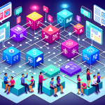 Create an illustration of a blockchain network with a beginner-friendly theme. The image should include interconnected digital blocks, each containing simple icons representing various transactions and data. Use bright, engaging colors and clear, easy-to-understand visuals to depict the concept of blockchain technology in a way that is accessible for beginners. Include friendly characters or avatars explaining or interacting with the blocks to enhance the educational aspect.