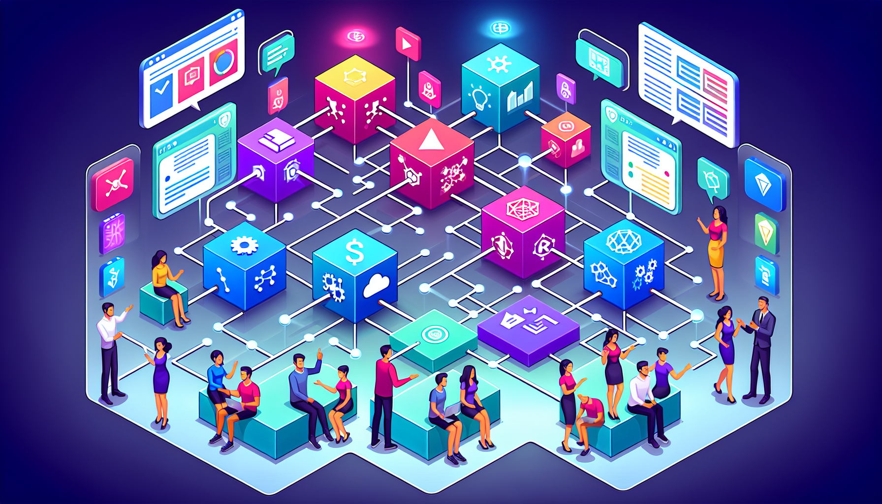 Create an illustration of a blockchain network with a beginner-friendly theme. The image should include interconnected digital blocks, each containing simple icons representing various transactions and data. Use bright, engaging colors and clear, easy-to-understand visuals to depict the concept of blockchain technology in a way that is accessible for beginners. Include friendly characters or avatars explaining or interacting with the blocks to enhance the educational aspect.