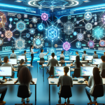 Create an image of a futuristic digital classroom where diverse students are learning the fundamentals of blockchain development. The setting should include holographic displays of blockchain networks, coding interfaces, and virtual reality elements to represent the cutting-edge technology. Include visuals of connected nodes, smart contracts, and digital ledgers to highlight the core concepts being taught.