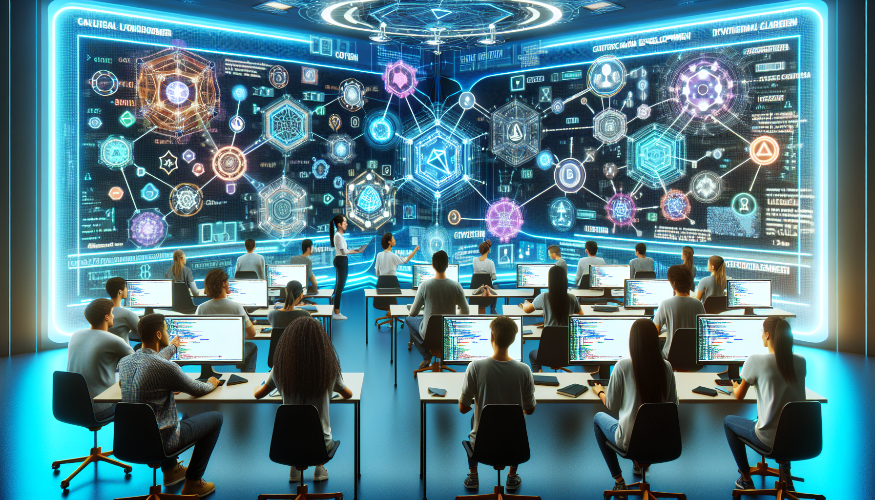 Create an image of a futuristic digital classroom where diverse students are learning the fundamentals of blockchain development. The setting should include holographic displays of blockchain networks, coding interfaces, and virtual reality elements to represent the cutting-edge technology. Include visuals of connected nodes, smart contracts, and digital ledgers to highlight the core concepts being taught.