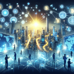 Create a futuristic scene showcasing the integration of blockchain technology in the world of cryptocurrency. Include elements such as a digital cityscape with glowing blockchain nodes, holographic charts showing crypto transactions, and people using advanced devices for secure digital trading. Highlight a sense of innovation and limitless potential.