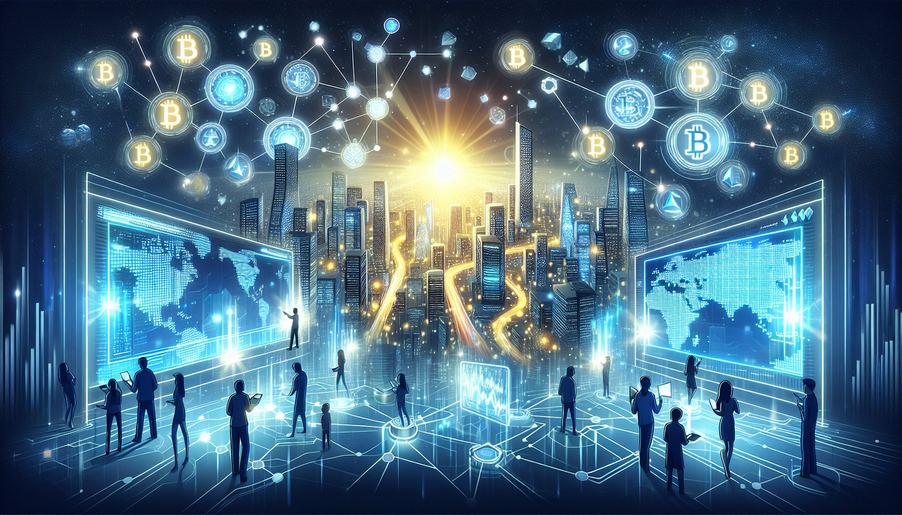 Create a futuristic scene showcasing the integration of blockchain technology in the world of cryptocurrency. Include elements such as a digital cityscape with glowing blockchain nodes, holographic charts showing crypto transactions, and people using advanced devices for secure digital trading. Highlight a sense of innovation and limitless potential.