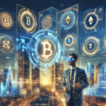 Create an image that depicts the future of finance with a blend of traditional financial symbols and modern cryptocurrency technology. Show a futuristic cityscape where towering buildings are emblazoned with symbols like the Bitcoin logo, Ethereum icon, and other cryptocurrency emblems. Integrate holographic displays showcasing charts, graphs, and blockchain data streams. Include people using advanced devices such as wearable tech and augmented reality glasses to manage their finances. The overall ambiance should be a harmonious mix of blue and gold tones, indicating prosperity and digital innovation.