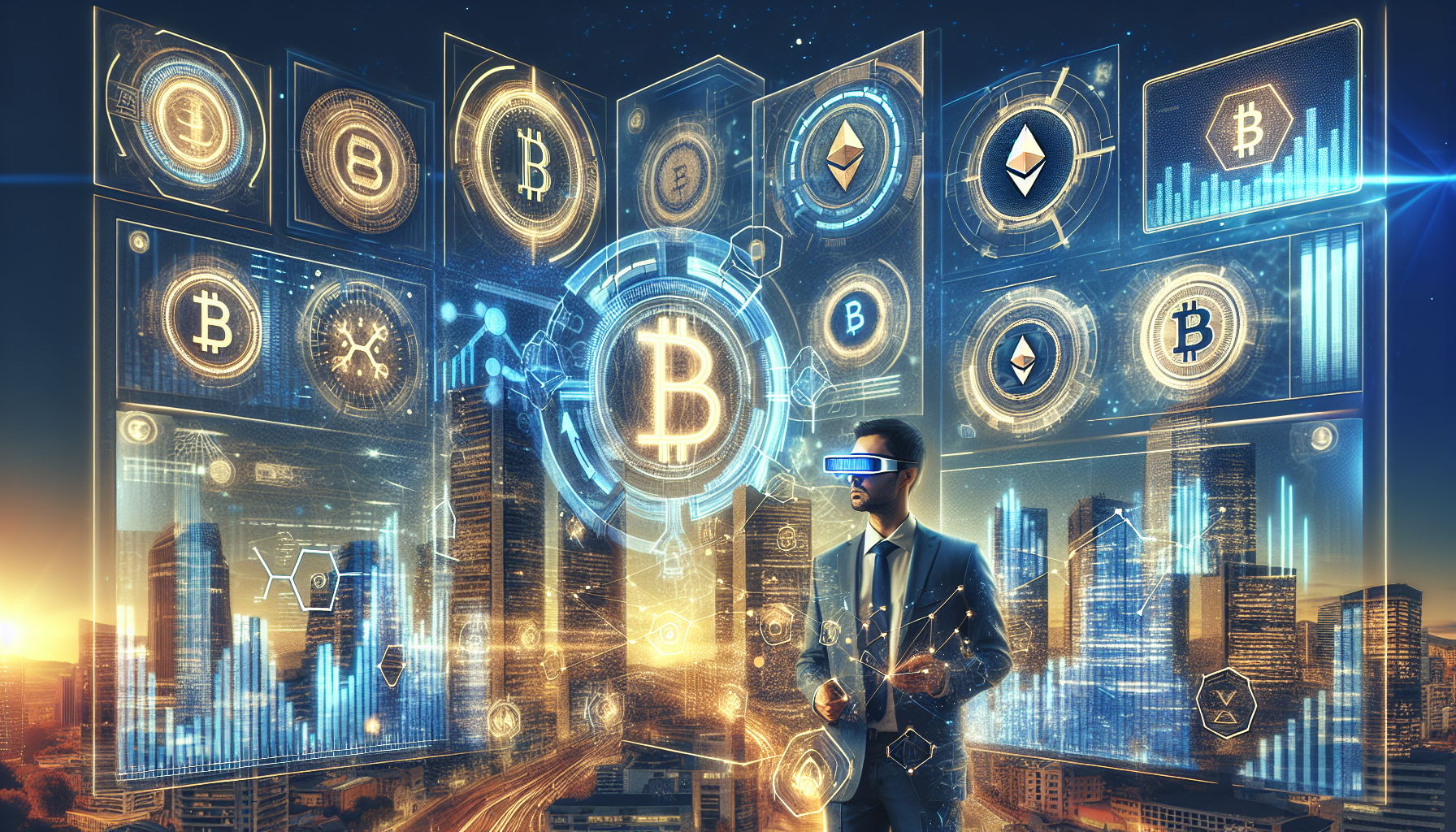 Create an image that depicts the future of finance with a blend of traditional financial symbols and modern cryptocurrency technology. Show a futuristic cityscape where towering buildings are emblazoned with symbols like the Bitcoin logo, Ethereum icon, and other cryptocurrency emblems. Integrate holographic displays showcasing charts, graphs, and blockchain data streams. Include people using advanced devices such as wearable tech and augmented reality glasses to manage their finances. The overall ambiance should be a harmonious mix of blue and gold tones, indicating prosperity and digital innovation.