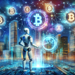 A futuristic skyline depicting towering buildings adorned with digital currency symbols. In the forefront, an AI robot interacts with holographic charts and graphs related to cryptocurrency. The background features a blockchain network seamlessly integrated into the infrastructure. The scene blends advanced technology with vibrant financial markets, illustrating the transformative impact of AI on cryptocurrency and finance.