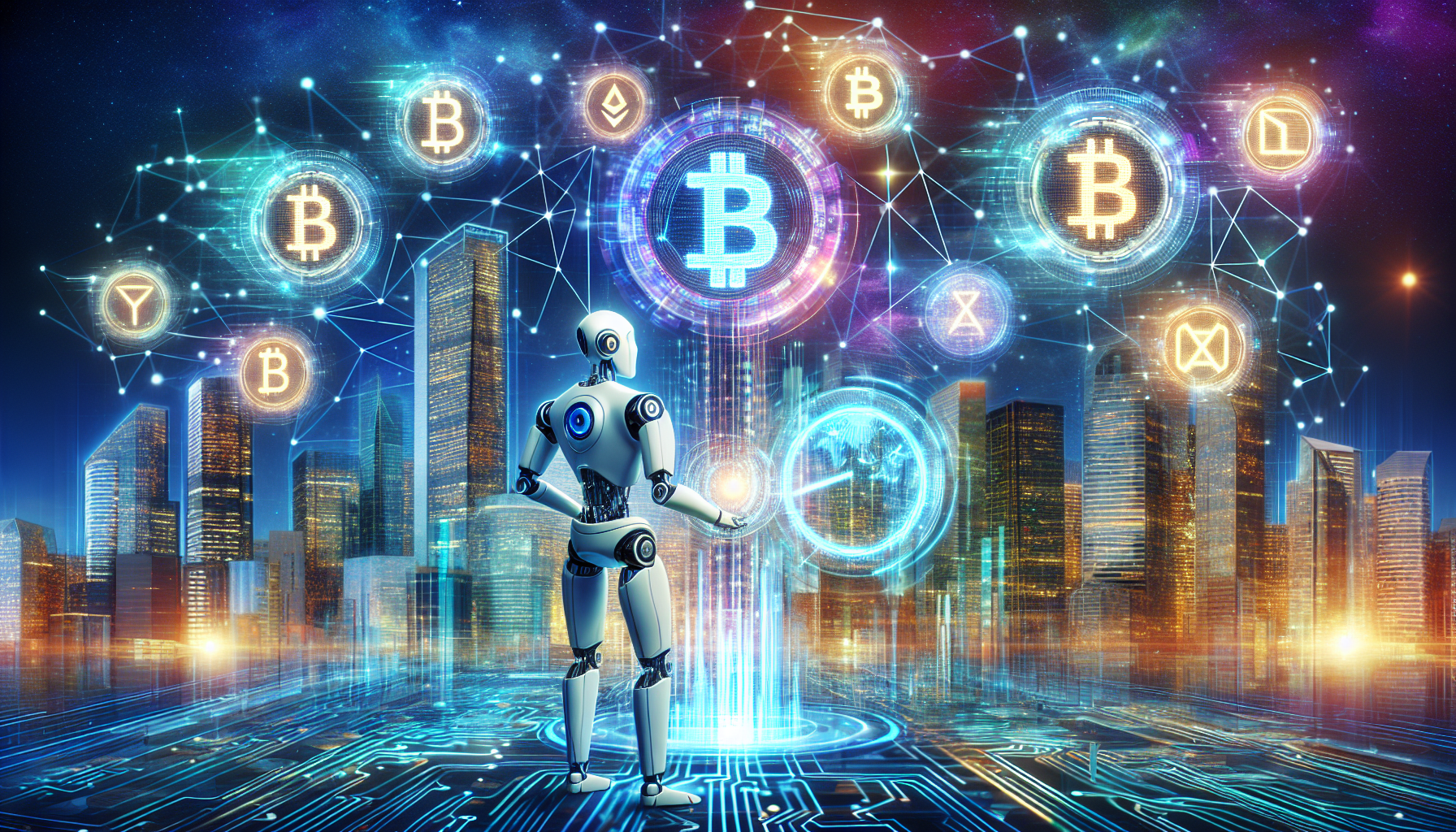 A futuristic skyline depicting towering buildings adorned with digital currency symbols. In the forefront, an AI robot interacts with holographic charts and graphs related to cryptocurrency. The background features a blockchain network seamlessly integrated into the infrastructure. The scene blends advanced technology with vibrant financial markets, illustrating the transformative impact of AI on cryptocurrency and finance.