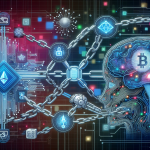 Create an image illustrating the concept of merging blockchain technology with artificial intelligence. Depict a futuristic scene where digital elements of blockchain, such as interconnected chains and encrypted codes, seamlessly integrate with a sophisticated AI represented by neural networks and robotic features. Use a color palette that incorporates blues and silvers to convey a high-tech, modern look, and set this within a dynamic, digital landscape that suggests rapid evolution and innovation.