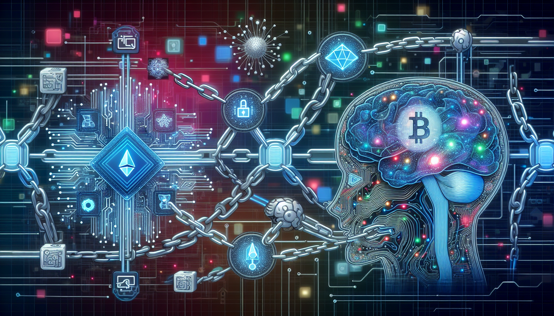 Create an image illustrating the concept of merging blockchain technology with artificial intelligence. Depict a futuristic scene where digital elements of blockchain, such as interconnected chains and encrypted codes, seamlessly integrate with a sophisticated AI represented by neural networks and robotic features. Use a color palette that incorporates blues and silvers to convey a high-tech, modern look, and set this within a dynamic, digital landscape that suggests rapid evolution and innovation.