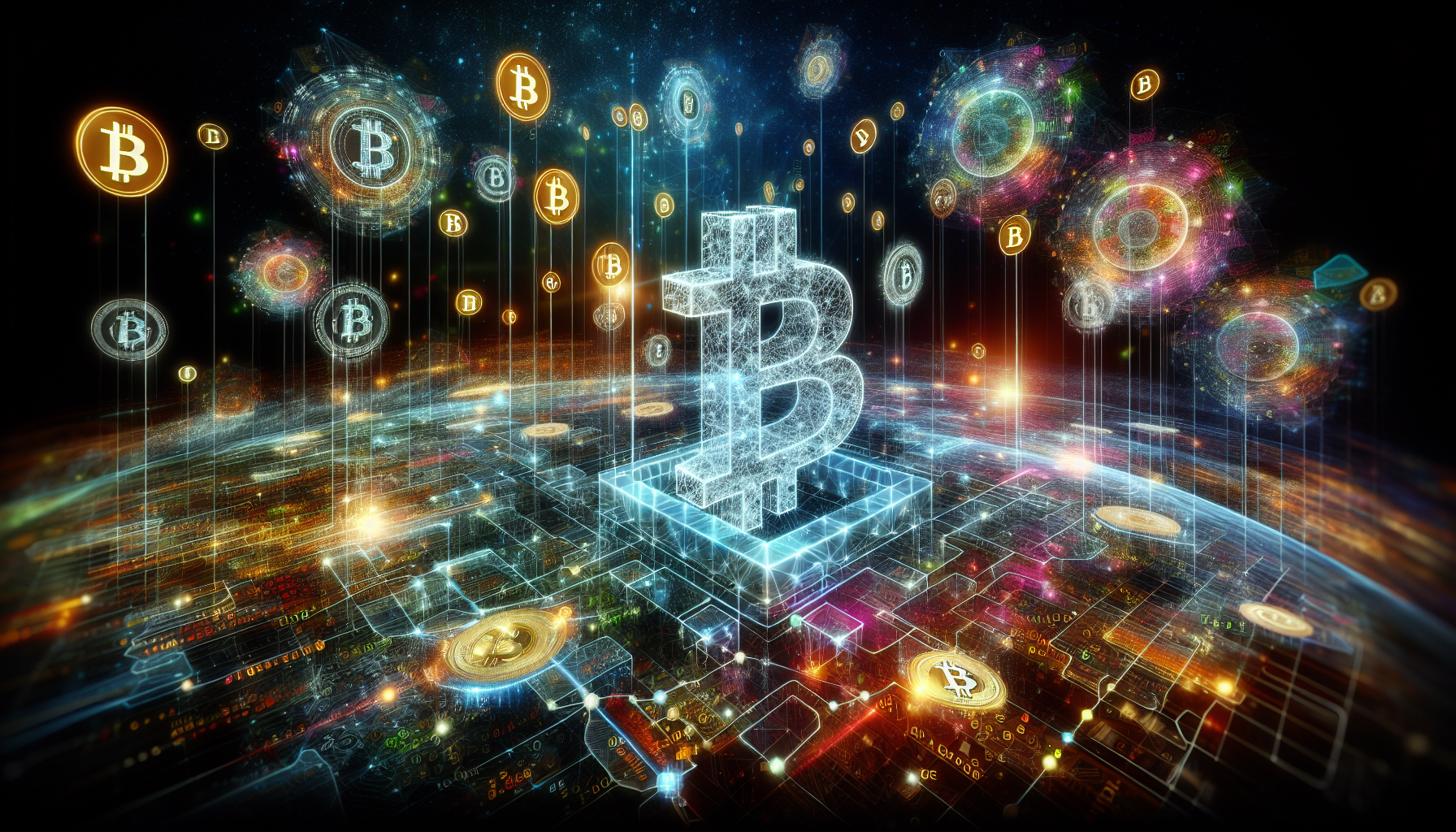 Create an image that illustrates the role of blockchain in cryptocurrency. Imagine a digital landscape where blocks of data, connected by chains, represent transaction processes. Highlight a transparent, glowing blockchain ledger central to the image with golden Bitcoin and other cryptocurrency icons surrounding it. Include a background of futuristic, data-filled networks and a secure lock symbol to represent security and decentralization.