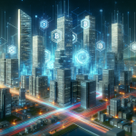 Create an image showcasing a futuristic cityscape where skyscrapers are made of digital blocks, representing blockchain technology. Each building has logos of leading blockchain development companies, with holographic interfaces and digital connections between them. The overall scene should be vibrant, high-tech, and bustling with innovation.