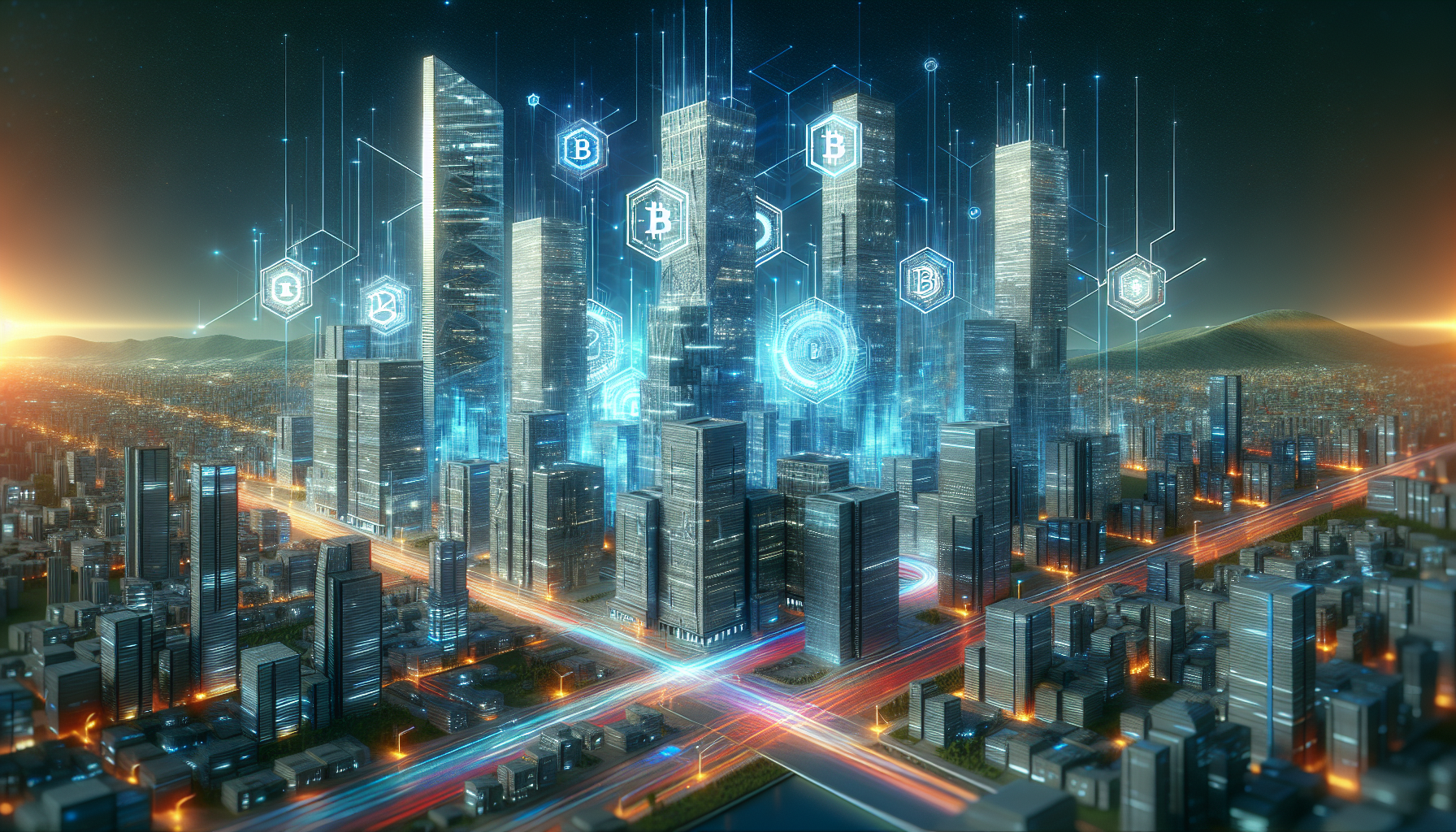 Create an image showcasing a futuristic cityscape where skyscrapers are made of digital blocks, representing blockchain technology. Each building has logos of leading blockchain development companies, with holographic interfaces and digital connections between them. The overall scene should be vibrant, high-tech, and bustling with innovation.