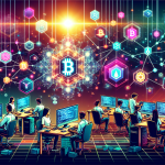 Create a digital illustration depicting the concept of blockchain software development. Show a futuristic, high-tech setting with developers working on computers, coding lines of blockchain protocols. Incorporate visual elements like interconnected blocks or chains, cryptographic symbols, and a digital ledger. Highlight a central blockchain network with nodes and data flowing between them. Use vibrant colors and glowing effects to emphasize advanced technology and innovation.