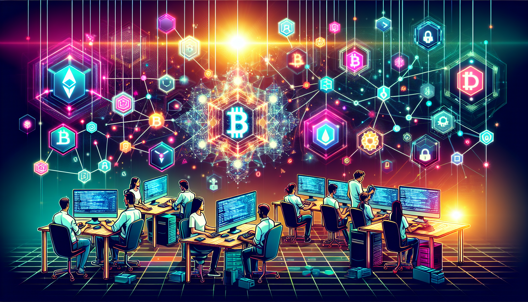 Create a digital illustration depicting the concept of blockchain software development. Show a futuristic, high-tech setting with developers working on computers, coding lines of blockchain protocols. Incorporate visual elements like interconnected blocks or chains, cryptographic symbols, and a digital ledger. Highlight a central blockchain network with nodes and data flowing between them. Use vibrant colors and glowing effects to emphasize advanced technology and innovation.