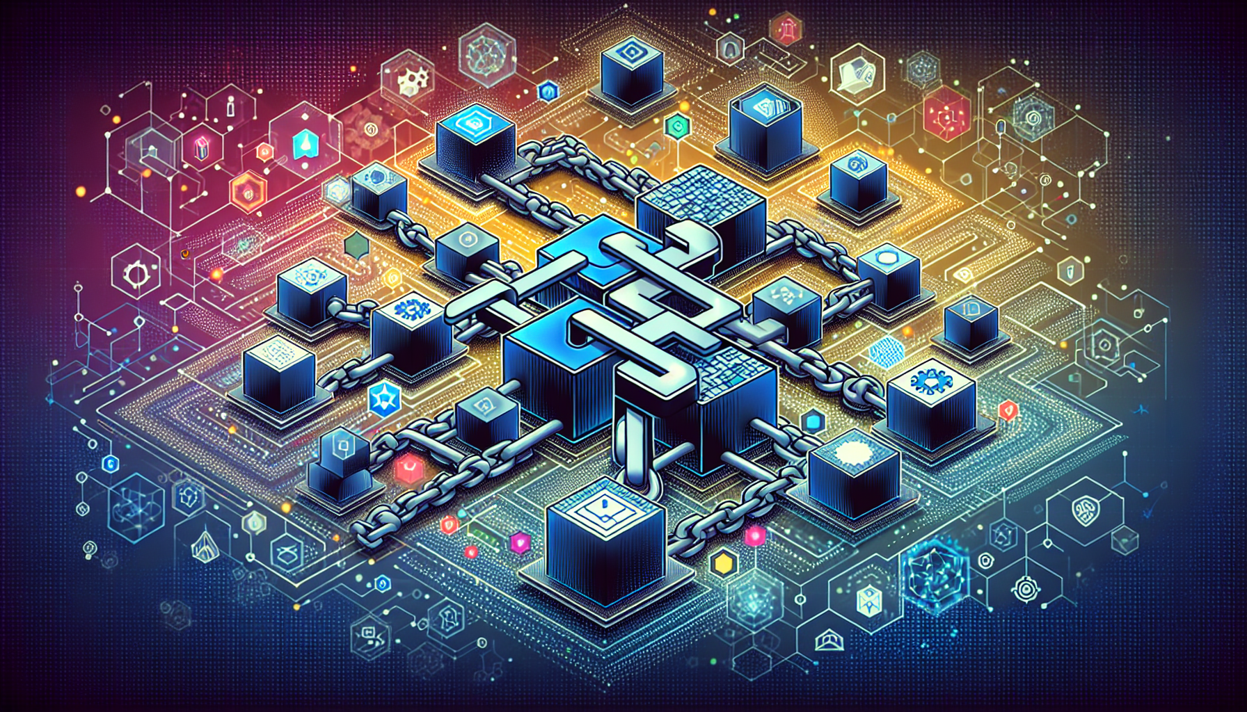 Create an image that visually explains the concept of blockchain technology. Show a series of connected digital blocks, symbolizing data transactions, with chains linking them together. Include representations of key elements like decentralized networks, cryptographic security, and transparency. Make the background futuristic and technological to reflect the innovative nature of blockchain.