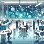 Create an image of a cutting-edge office space where a diverse team of software developers and engineers are collaborating on blockchain projects. The workspace features modern design elements like glass walls, large screens displaying blockchain data, and sleek computers. There are people engaged in discussions, coding on laptops, and analyzing data. The background includes elements like blockchain diagrams, cryptocurrency symbols, and futuristic technology, illustrating the innovative and forward-thinking atmosphere of the blockchain software house.