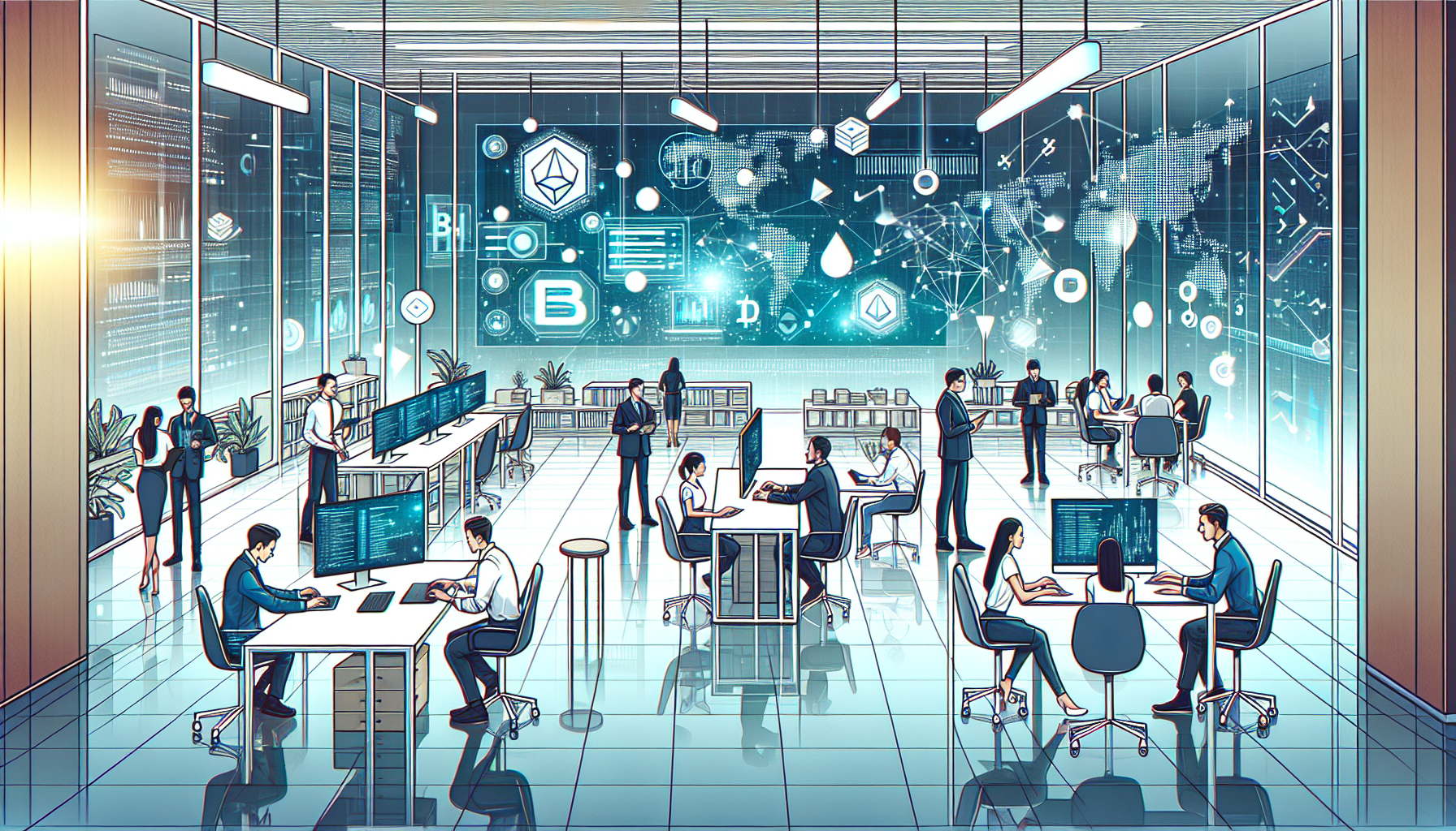 Create an image of a cutting-edge office space where a diverse team of software developers and engineers are collaborating on blockchain projects. The workspace features modern design elements like glass walls, large screens displaying blockchain data, and sleek computers. There are people engaged in discussions, coding on laptops, and analyzing data. The background includes elements like blockchain diagrams, cryptocurrency symbols, and futuristic technology, illustrating the innovative and forward-thinking atmosphere of the blockchain software house.