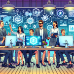 Create an image of a diverse team of professionals in a modern office, collaborating on blockchain technology. Display computer screens with blockchain networks, smart contracts, and secure digital transactions visible. Include elements that represent thorough research, innovation, and cutting-edge development such as diagrams, flowcharts, and futuristic tech gadgets. The atmosphere should be professional yet dynamic, illustrating a top-tier blockchain development firm hard at work.