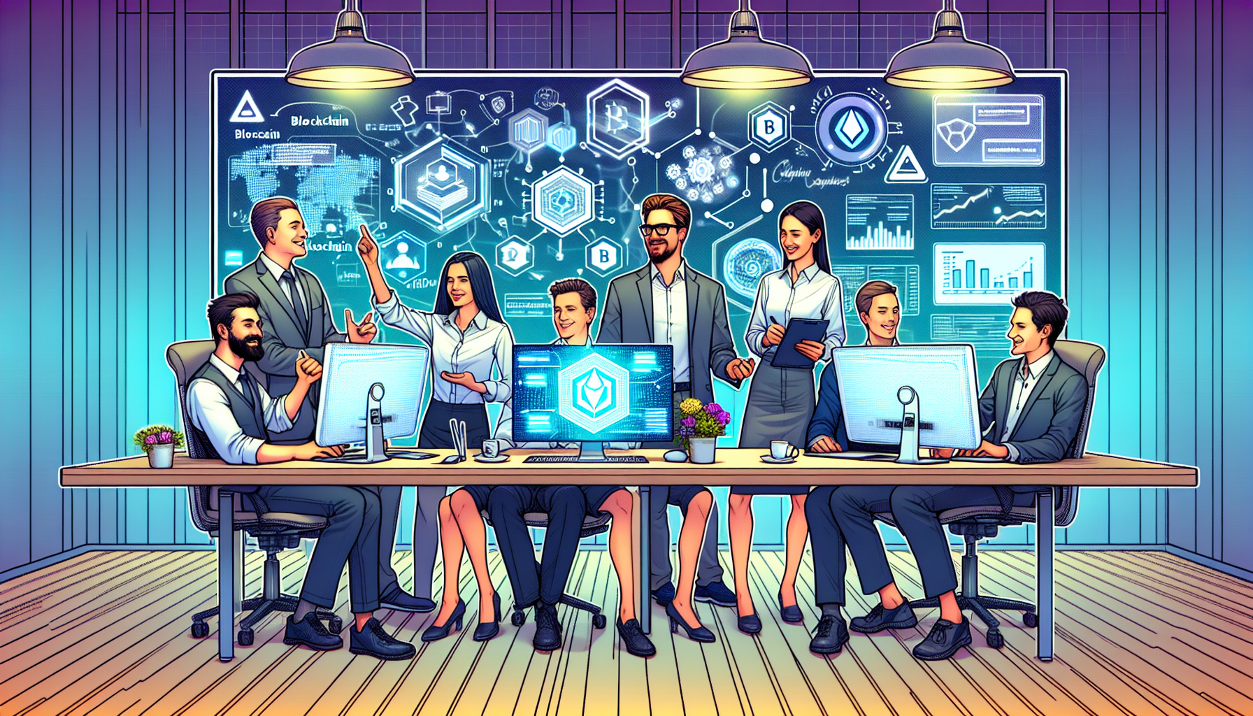 Create an image of a diverse team of professionals in a modern office, collaborating on blockchain technology. Display computer screens with blockchain networks, smart contracts, and secure digital transactions visible. Include elements that represent thorough research, innovation, and cutting-edge development such as diagrams, flowcharts, and futuristic tech gadgets. The atmosphere should be professional yet dynamic, illustrating a top-tier blockchain development firm hard at work.