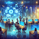 Create a detailed digital illustration of a futuristic scene where developers are collaboratively building a secure blockchain website. The foreground should feature a high-tech workspace with holographic interfaces displaying blockchain codes and security features. In the background, a sleek cityscape symbolizes a secure, tech-driven future. The atmosphere should be vibrant and optimistic, highlighting innovation and collaboration in the realm of blockchain technology.