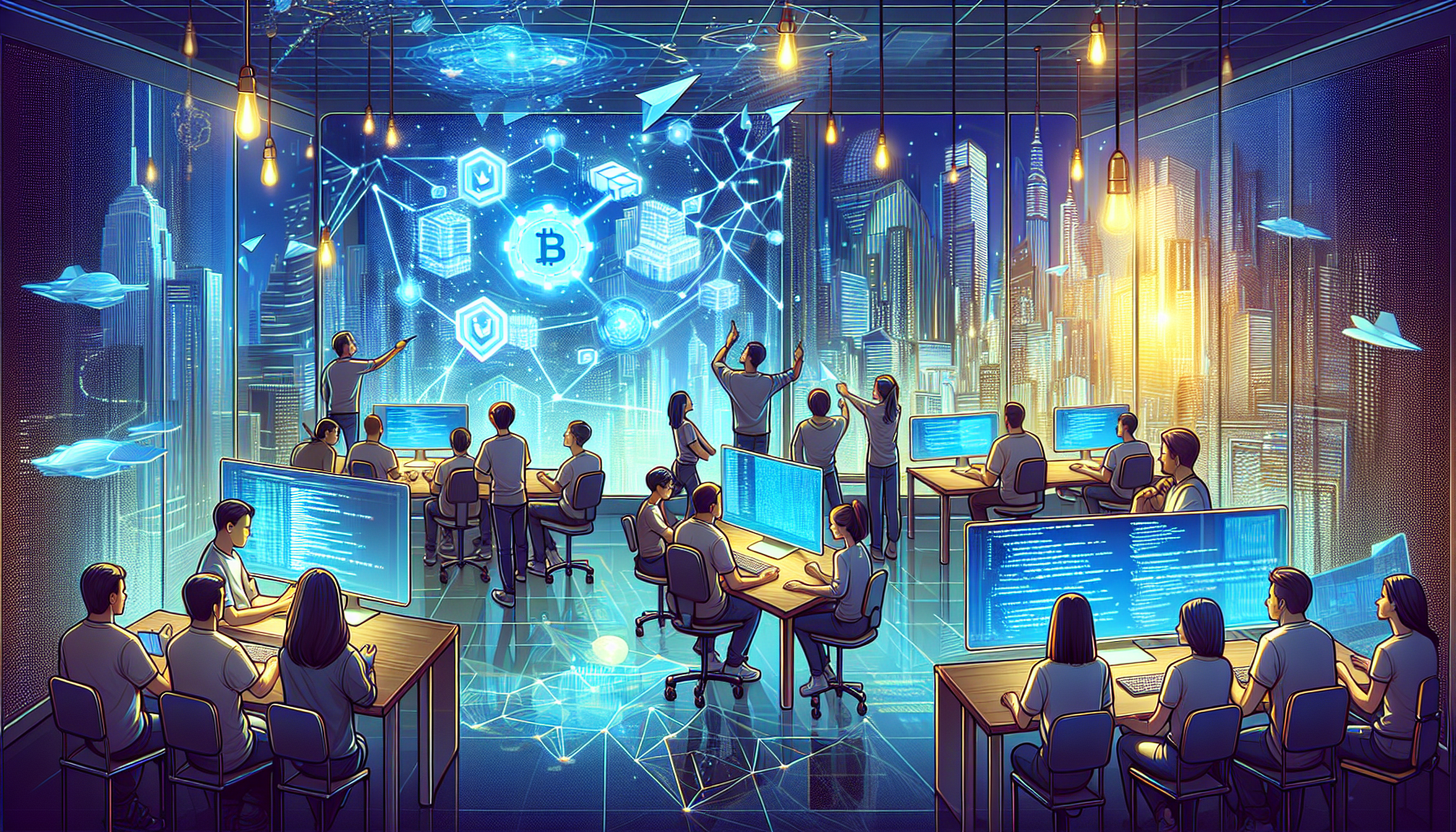 Create a detailed digital illustration of a futuristic scene where developers are collaboratively building a secure blockchain website. The foreground should feature a high-tech workspace with holographic interfaces displaying blockchain codes and security features. In the background, a sleek cityscape symbolizes a secure, tech-driven future. The atmosphere should be vibrant and optimistic, highlighting innovation and collaboration in the realm of blockchain technology.