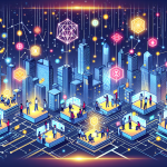 Create an image depicting a futuristic cityscape where developers are building decentralized applications on blockchain platforms. Show diverse teams working with holographic interfaces, interconnected digital blocks symbolizing blockchain, and vibrant elements representing innovation and technology. Include glowing decentralized apps (dApps) icons floating above the city, signifying their integration into everyday life.