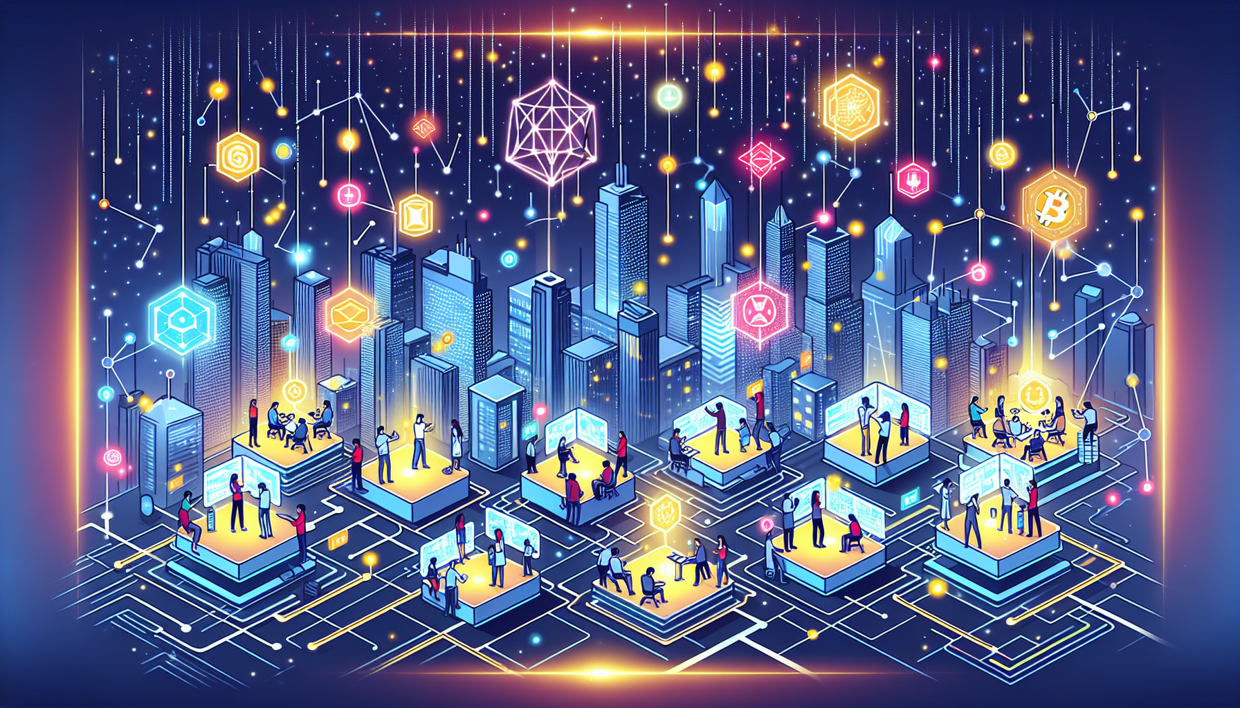 Create an image depicting a futuristic cityscape where developers are building decentralized applications on blockchain platforms. Show diverse teams working with holographic interfaces, interconnected digital blocks symbolizing blockchain, and vibrant elements representing innovation and technology. Include glowing decentralized apps (dApps) icons floating above the city, signifying their integration into everyday life.