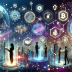 Create an image depicting a futuristic digital landscape with interconnected networks and blockchain icons. In the foreground, show diverse people interacting with holographic interfaces, exchanging cryptocurrency tokens, and utilizing decentralized applications. Include elements symbolizing security and empowerment, such as digital shields and rising statistics, to emphasize the transformative impact of Web 3 and blockchain technology on the internet.