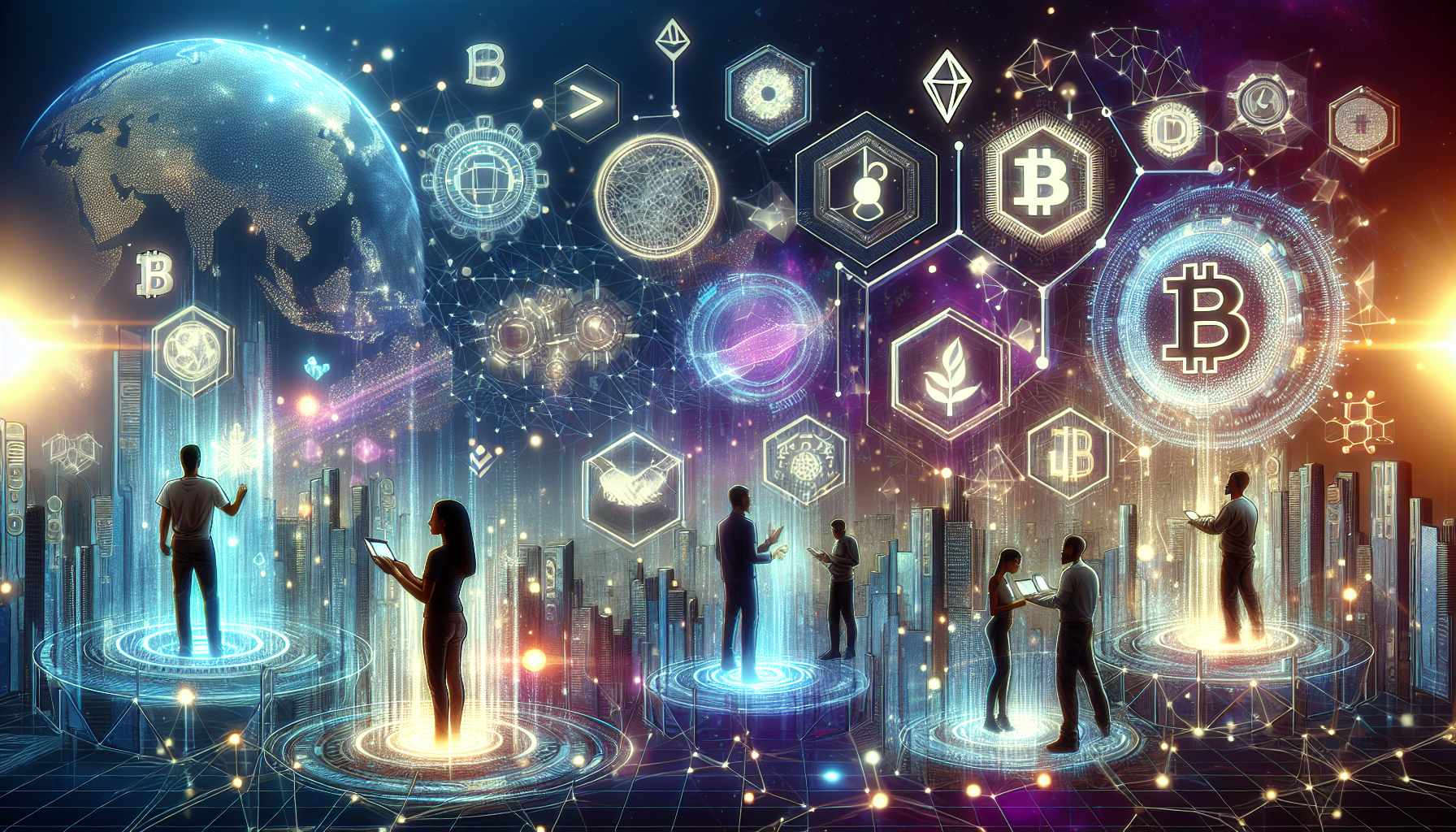 Create an image depicting a futuristic digital landscape with interconnected networks and blockchain icons. In the foreground, show diverse people interacting with holographic interfaces, exchanging cryptocurrency tokens, and utilizing decentralized applications. Include elements symbolizing security and empowerment, such as digital shields and rising statistics, to emphasize the transformative impact of Web 3 and blockchain technology on the internet.