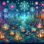 Create an image depicting a futuristic digital landscape showcasing Web 3.0 and cryptocurrency technologies. Imagine a bustling virtual city with interconnected blockchain networks, decentralized apps (dApps), and holographic cryptocurrency symbols floating above. Highlight elements like smart contracts, NFTs, and digital wallets, with people engaging in virtual reality environments and augmented reality interfaces. Use a palette of vibrant neon colors to emphasize the cutting-edge, high-tech atmosphere.