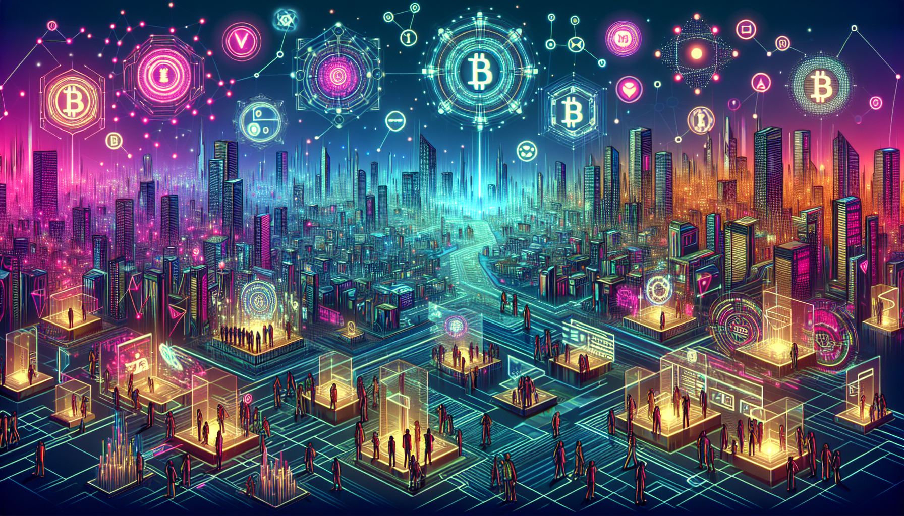 Create an image depicting a futuristic digital landscape showcasing Web 3.0 and cryptocurrency technologies. Imagine a bustling virtual city with interconnected blockchain networks, decentralized apps (dApps), and holographic cryptocurrency symbols floating above. Highlight elements like smart contracts, NFTs, and digital wallets, with people engaging in virtual reality environments and augmented reality interfaces. Use a palette of vibrant neon colors to emphasize the cutting-edge, high-tech atmosphere.