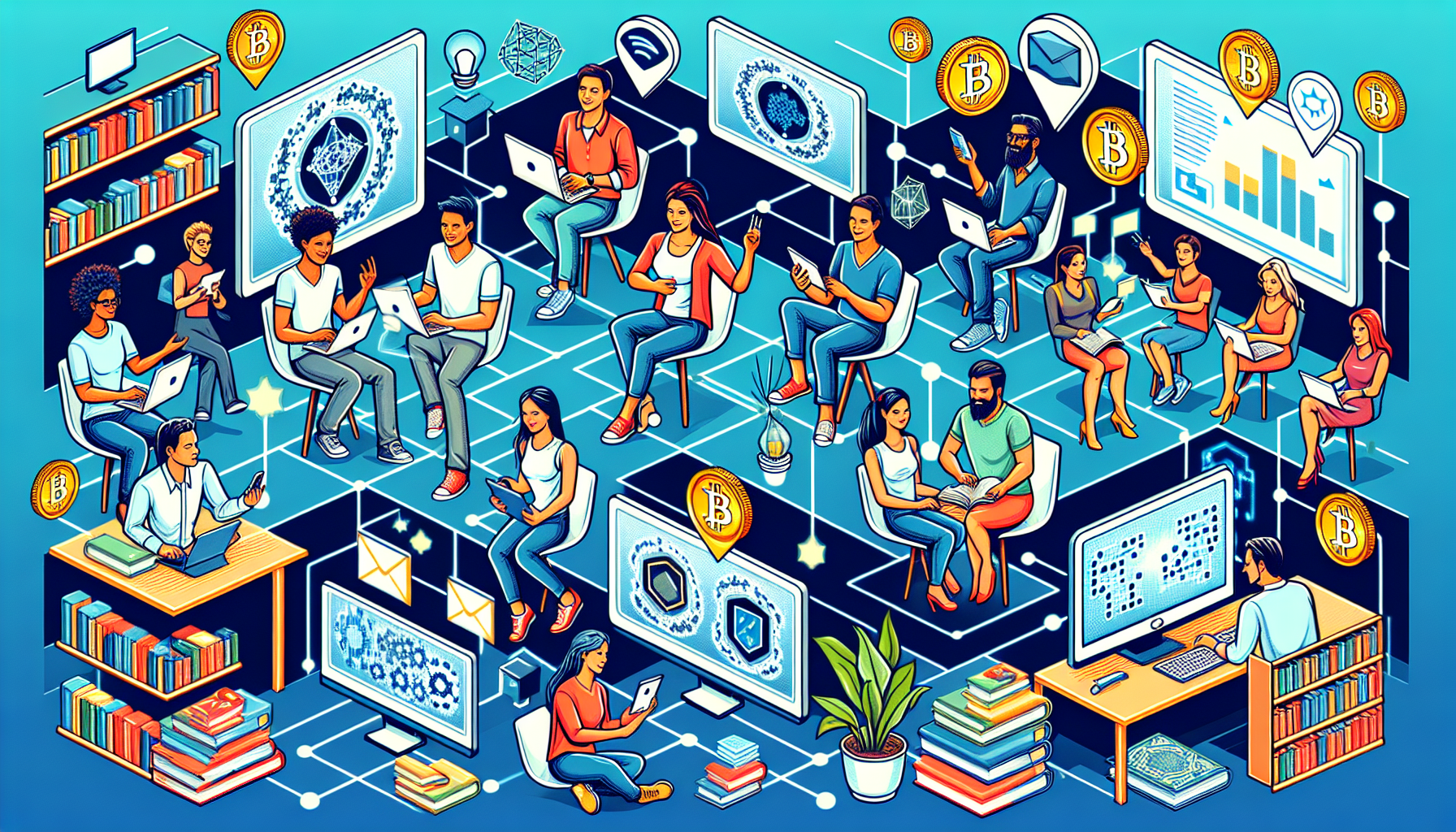 Create an image depicting diverse individuals engaging with blockchain learning resources. Show people using tablets, online courses on computer screens, engaging in group discussions, and reading books or articles about blockchain. Add visual elements like digital ledgers, blockchain nodes, and cryptocurrency symbols to reinforce the theme of blockchain technology. Incorporate a background that combines traditional educational settings like libraries and modern digital interfaces to emphasize the blend of old and new learning methods.