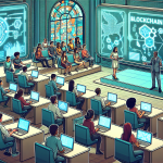 Create an image of a futuristic classroom with a diverse group of students eagerly learning about blockchain technology. The classroom has holographic screens displaying blockchain diagrams and step-by-step guides, with a knowledgeable teacher explaining concepts. The students have tablets and laptops, and the atmosphere is collaborative and engaging. The overall mood should be inspiring and educational, conveying a sense of excitement for learning new technology.