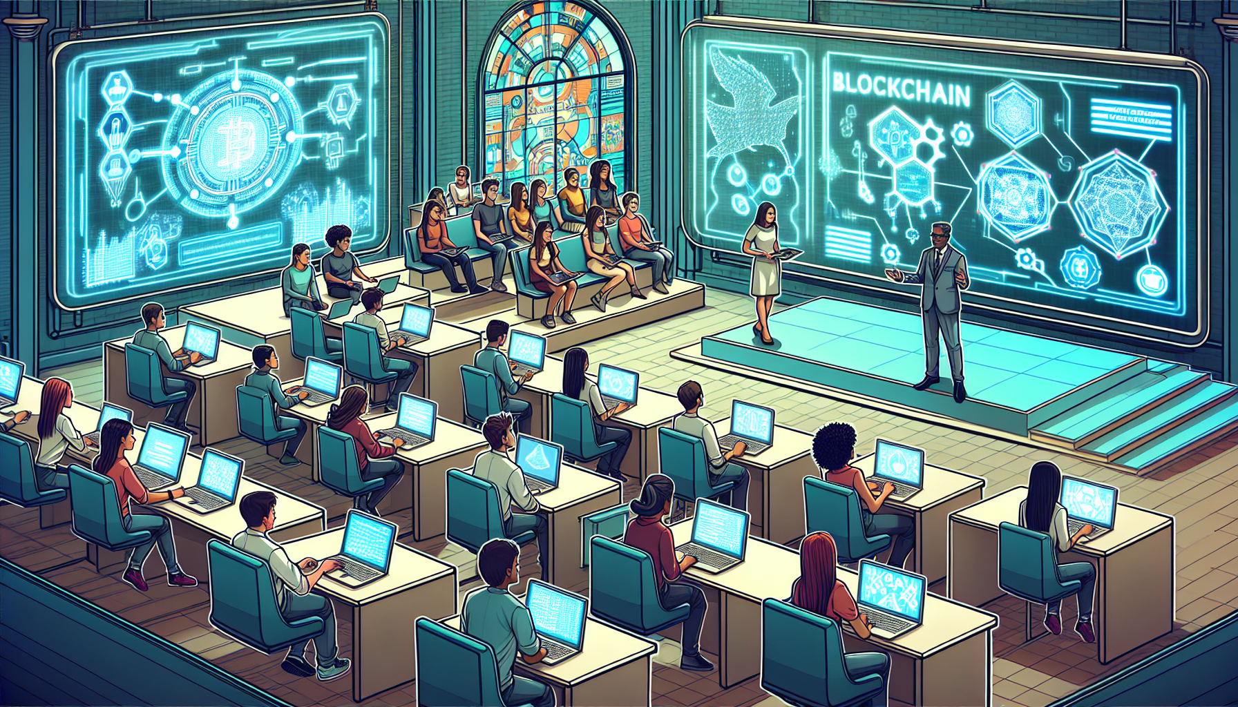 Create an image of a futuristic classroom with a diverse group of students eagerly learning about blockchain technology. The classroom has holographic screens displaying blockchain diagrams and step-by-step guides, with a knowledgeable teacher explaining concepts. The students have tablets and laptops, and the atmosphere is collaborative and engaging. The overall mood should be inspiring and educational, conveying a sense of excitement for learning new technology.