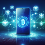 Create an image showcasing a sleek, futuristic smartphone embedded with blockchain symbols and digital security icons. The phone emits subtle blue and green holographic lights, indicating advanced technology. In the background, there is a network of interconnected cubes representing blockchain technology, emphasizing connectivity. The setting is modern and tech-savvy, with hints of innovation and revolution in the air.