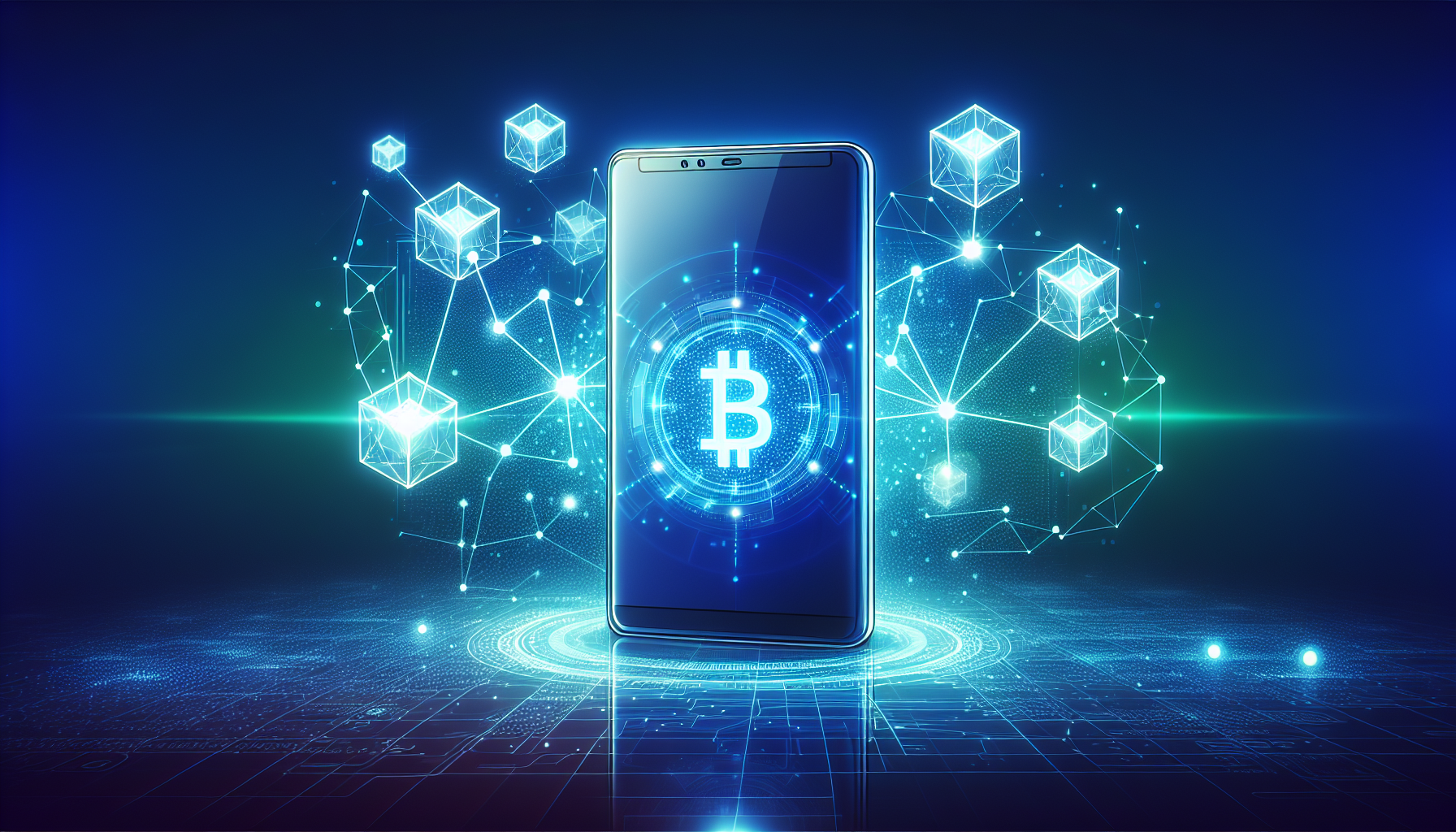 Create an image showcasing a sleek, futuristic smartphone embedded with blockchain symbols and digital security icons. The phone emits subtle blue and green holographic lights, indicating advanced technology. In the background, there is a network of interconnected cubes representing blockchain technology, emphasizing connectivity. The setting is modern and tech-savvy, with hints of innovation and revolution in the air.