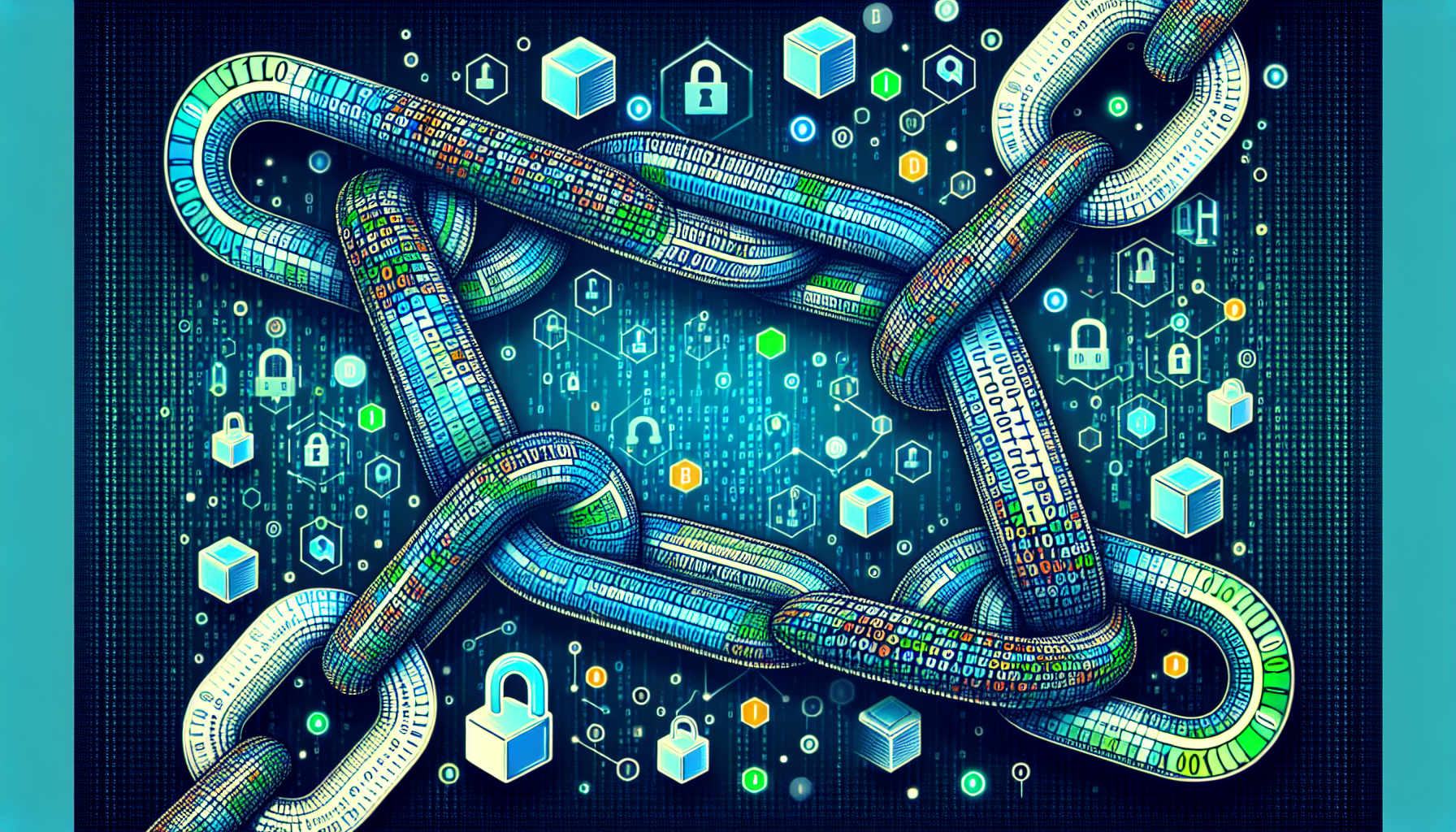 Create a digital illustration depicting the fundamental concepts of blockchain technology. The image should include interconnected blocks with binary code and data symbols, forming a chain to illustrate blockchain structure. Incorporate visual elements representing security, decentralization, and transparency, such as padlocks, network nodes, and transparent layers. Use a modern, tech-oriented color scheme with blues, greens, and metallic accents to emphasize the tech-focused theme.