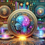 Create an image of futuristic digital currency coins with a high-tech, AI theme. Include details like circuit patterns, neural networks, and holographic elements. Show these coins integrated into a sleek, advanced financial market interface with charts and data streams. Highlight the blend of cryptocurrency and artificial intelligence in a visually captivating manner.