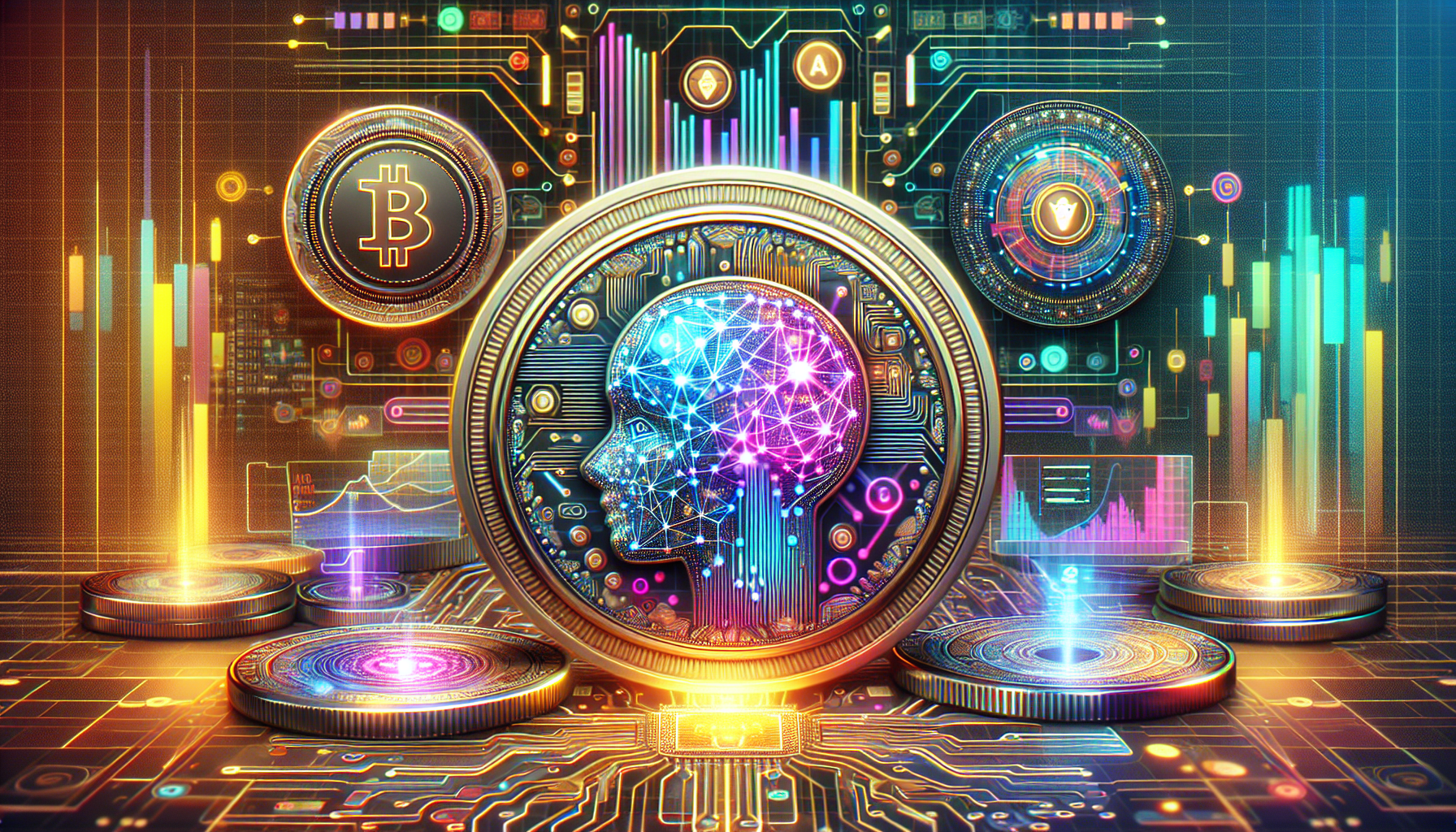 Create an image of futuristic digital currency coins with a high-tech, AI theme. Include details like circuit patterns, neural networks, and holographic elements. Show these coins integrated into a sleek, advanced financial market interface with charts and data streams. Highlight the blend of cryptocurrency and artificial intelligence in a visually captivating manner.