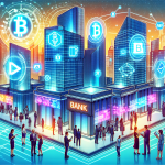 Create an image depicting the future of finance through a blockchain banking system revolution. Show a futuristic city skyline with digital blockchain symbols integrated into the architecture. Banks are represented as sleek, high-tech buildings with holographic interfaces. Include diverse people interacting with digital currency and blockchain networks using advanced gadgets like AR glasses and smart devices. Make the scene vibrant and innovative, reflecting technological advancement and financial empowerment.