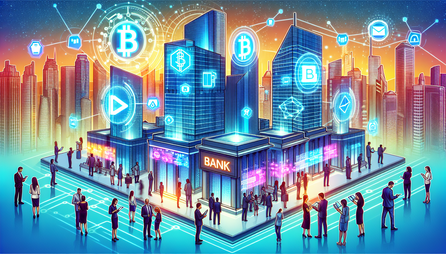 Create an image depicting the future of finance through a blockchain banking system revolution. Show a futuristic city skyline with digital blockchain symbols integrated into the architecture. Banks are represented as sleek, high-tech buildings with holographic interfaces. Include diverse people interacting with digital currency and blockchain networks using advanced gadgets like AR glasses and smart devices. Make the scene vibrant and innovative, reflecting technological advancement and financial empowerment.