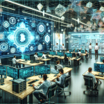 Create an image of a high-tech, modern blockchain development studio filled with diverse developers working collaboratively. The room should have holographic displays showcasing blockchain networks and graphics of decentralized applications. Include elements like virtual reality headsets, futuristic computer setups, and transparent digital whiteboards with blockchain diagrams. The atmosphere should feel innovative and forward-thinking.