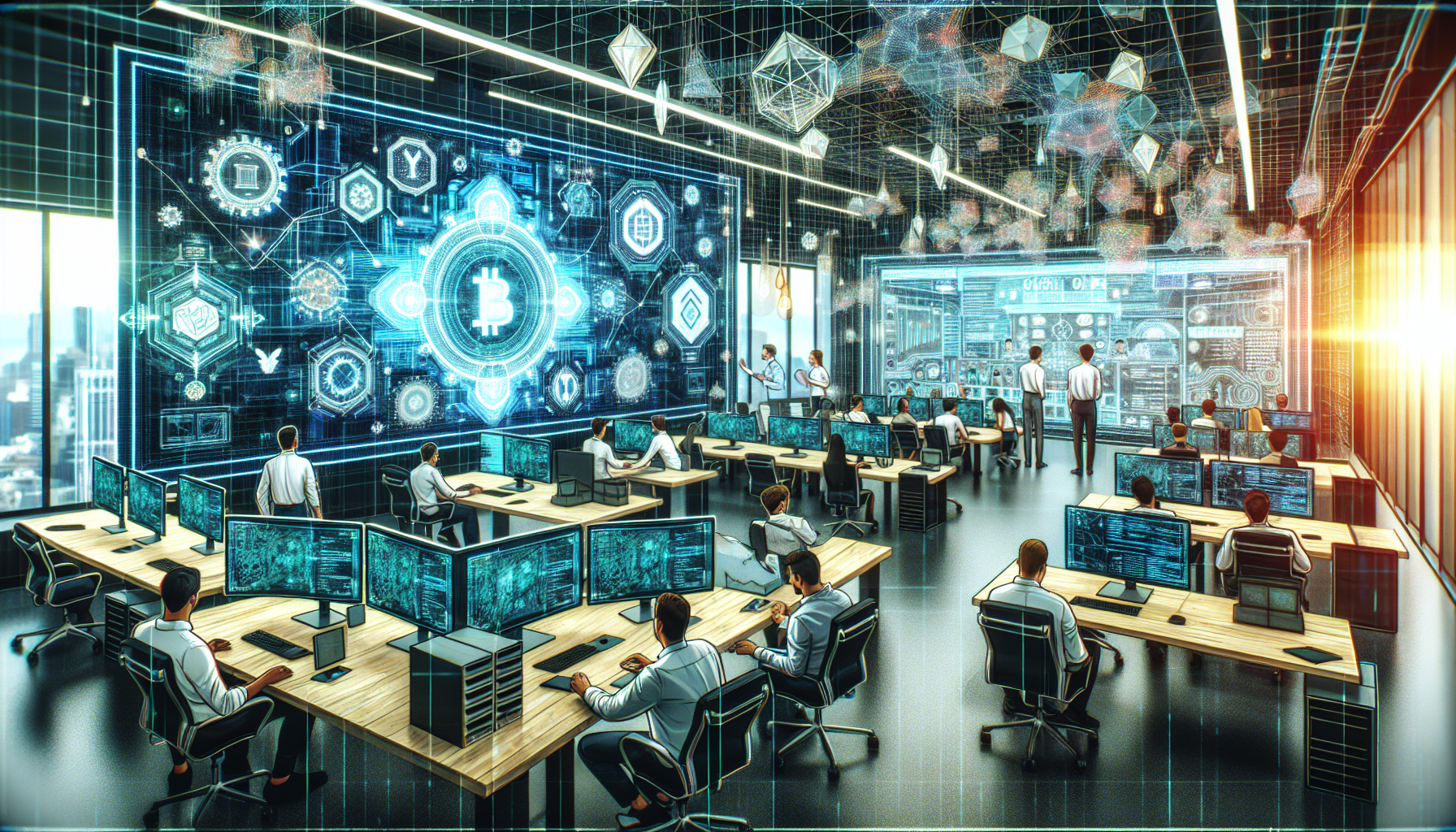 Create an image of a high-tech, modern blockchain development studio filled with diverse developers working collaboratively. The room should have holographic displays showcasing blockchain networks and graphics of decentralized applications. Include elements like virtual reality headsets, futuristic computer setups, and transparent digital whiteboards with blockchain diagrams. The atmosphere should feel innovative and forward-thinking.