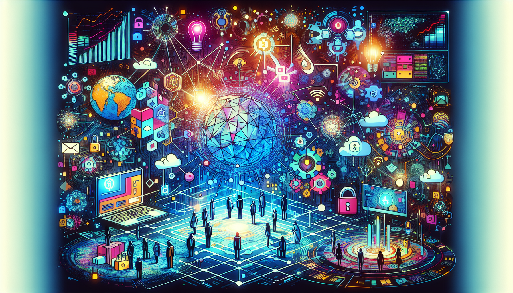 Create an illustration that depicts the future of the internet, highlighting Web3 and blockchain technology. Imagine a futuristic, interconnected digital world with vibrant colors and intricate details where decentralized networks and blockchain symbols (like block chains and nodes) are prominently featured. Include elements that represent enhanced security, user control, and transparency, such as digital locks, transparent data streams, and users interacting with the technology in a seamless, empowering way. The overall atmosphere should convey innovation, security, and empowerment in the digital age.