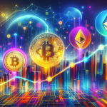 Create an image depicting the rise of various cryptocurrencies, illustrating their potential impact. Include symbols or representations of Bitcoin, Ethereum, and other emerging cryptocurrencies like Cardano, Solana, and Polkadot, ascending together on a graph. The graph should symbolize growth, with a futuristic cityscape in the background that reflects technological advancement and digital innovation. Use vibrant and dynamic colors to convey a sense of excitement and potential.